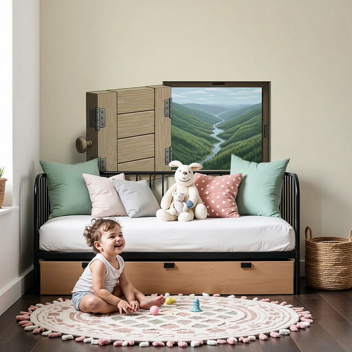 Papier peint chambre enfant | Fenêtre ouverte sur une vallée verdoyante
