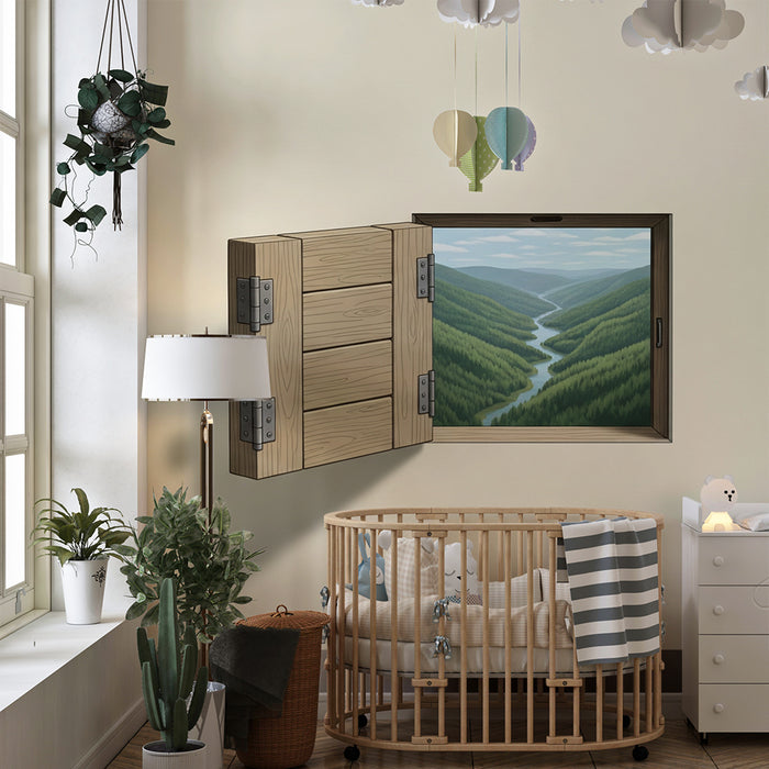 Papier peint chambre enfant | Fenêtre ouverte sur une vallée verdoyante