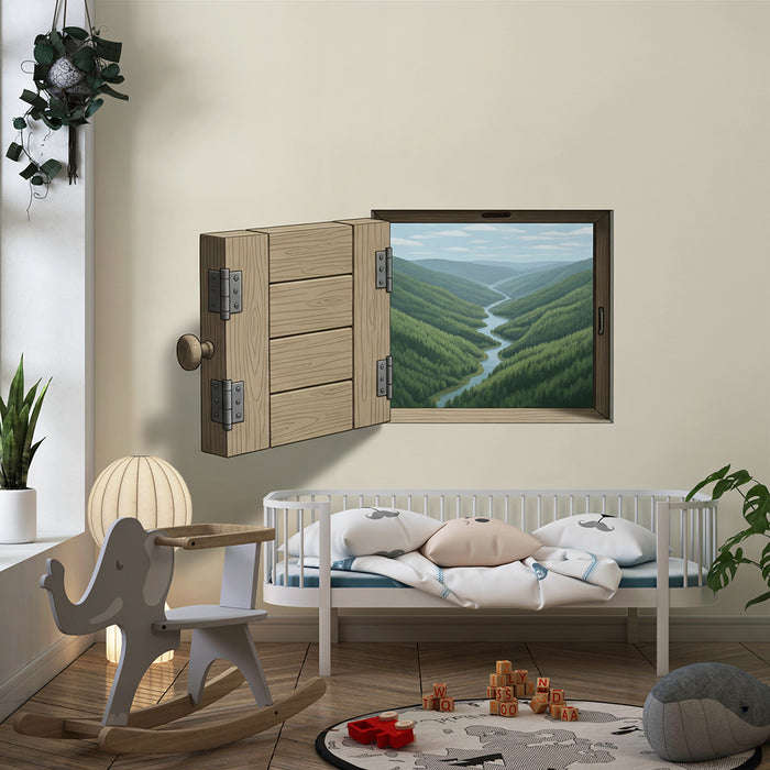 Papier peint chambre enfant | Fenêtre ouverte sur une vallée verdoyante