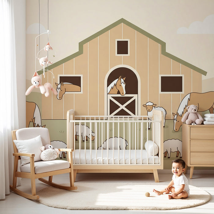 **Kinderzimmer Tapete | Bauernhof mit Pferden und Schafen**