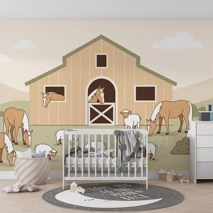 **Kinderzimmer Tapete | Bauernhof mit Pferden und Schafen**