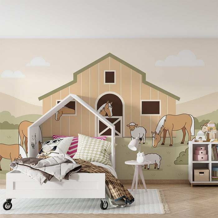 **Kinderzimmer Tapete | Bauernhof mit Pferden und Schafen**