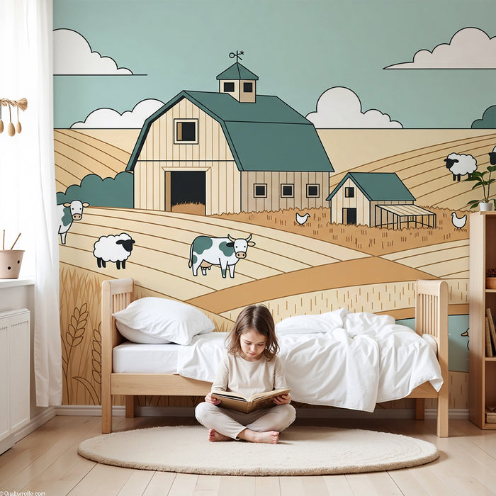 Papier peint chambre enfant | Ferme animée avec animaux de la campagne