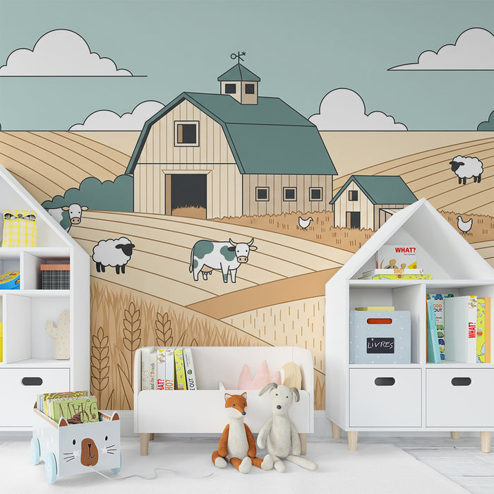 Papier peint chambre enfant | Ferme animée avec animaux de la campagne