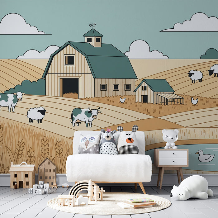 Papier peint chambre enfant | Ferme animée avec animaux de la campagne