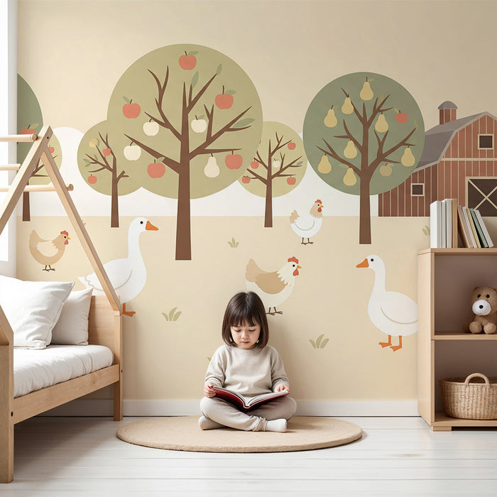 Papel de parede para quarto infantil | Quinta animada com patos e galinhas debaixo de árvores de fruto