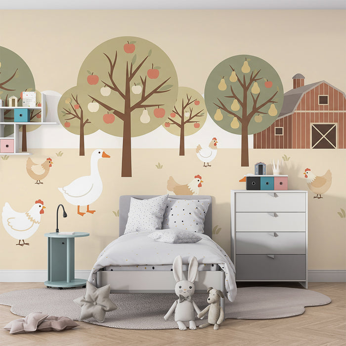 Papel de parede para quarto infantil | Quinta animada com patos e galinhas debaixo de árvores de fruto