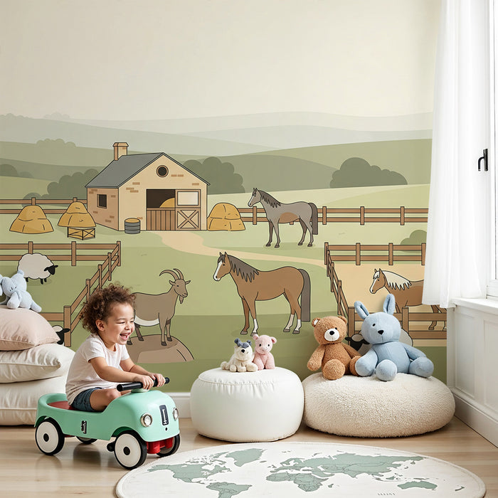 Papel pintado infantil | Granja animada con caballos y ovejas