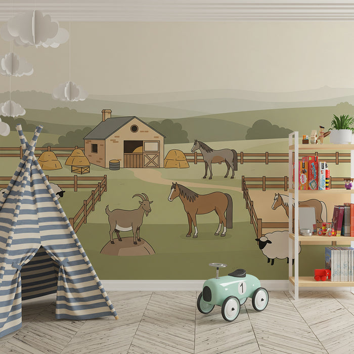 Papel pintado infantil | Granja animada con caballos y ovejas