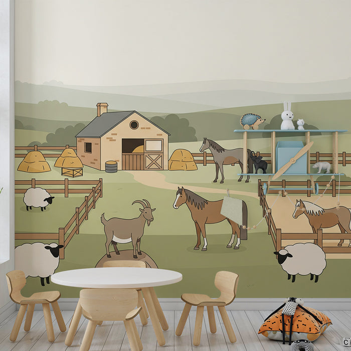 Papel pintado infantil | Granja animada con caballos y ovejas