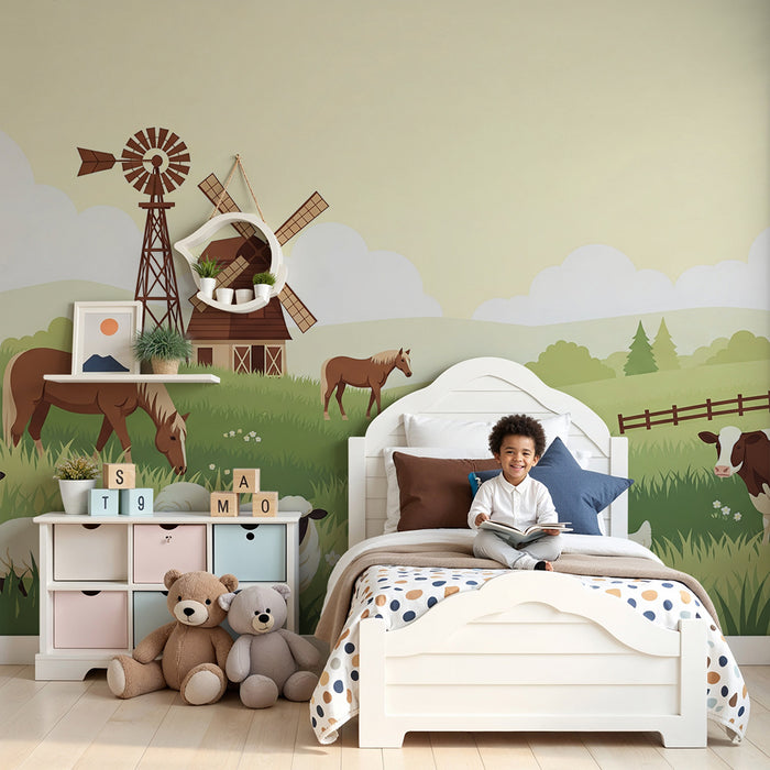 Children's bedroom wallpaper | Animated farm with different countryside animals