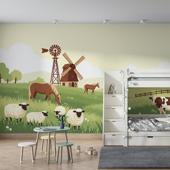 Children's bedroom wallpaper | Animated farm with different countryside animals