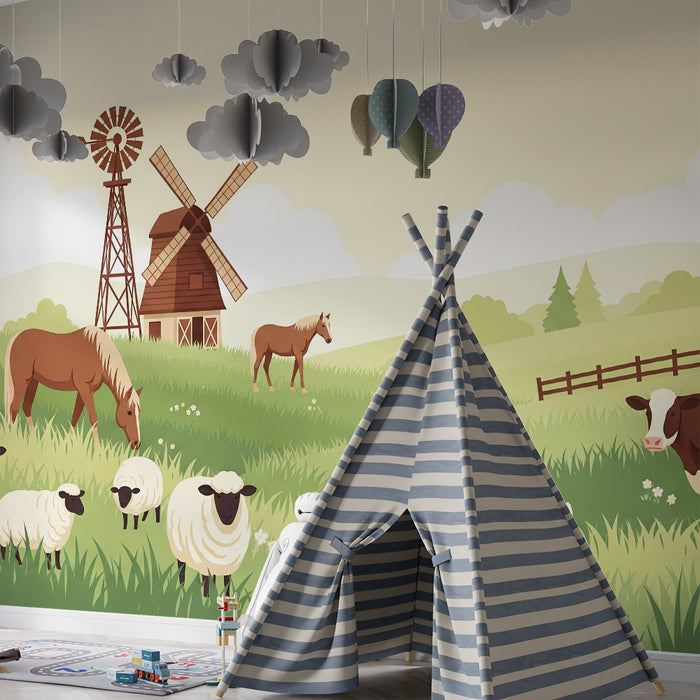 Children's bedroom wallpaper | Animated farm with different countryside animals