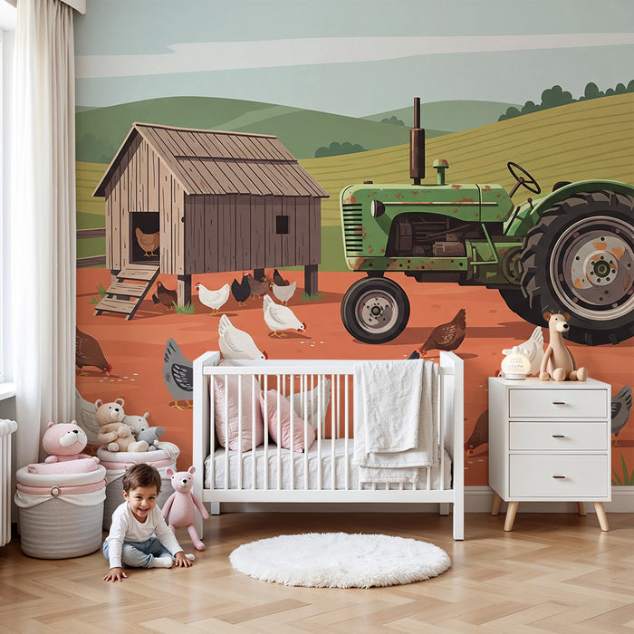 Tapet pentru camera copilului | Fermă animată cu pui și tractor