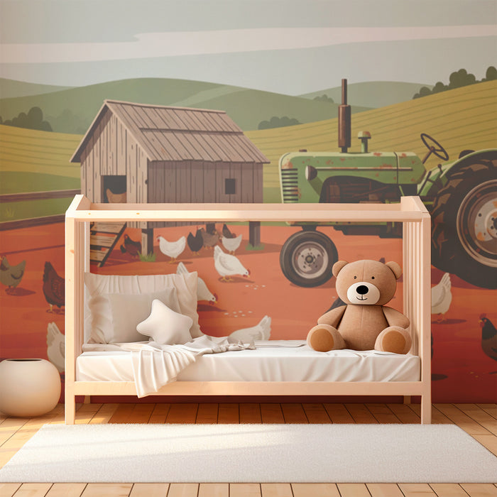 Tapet pentru camera copilului | Fermă animată cu pui și tractor