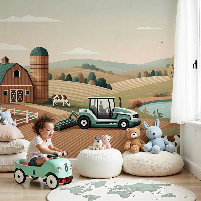 Papel de parede para quarto infantil | Quinta animada com vacas e trator