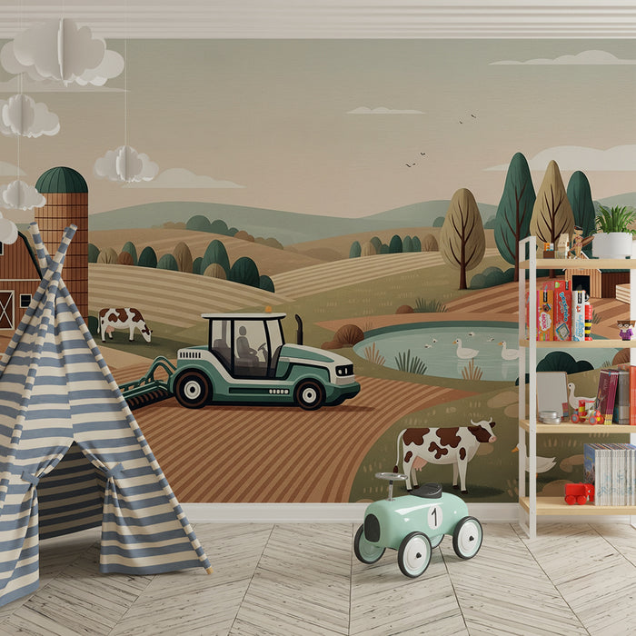 Papel de parede para quarto infantil | Quinta animada com vacas e trator