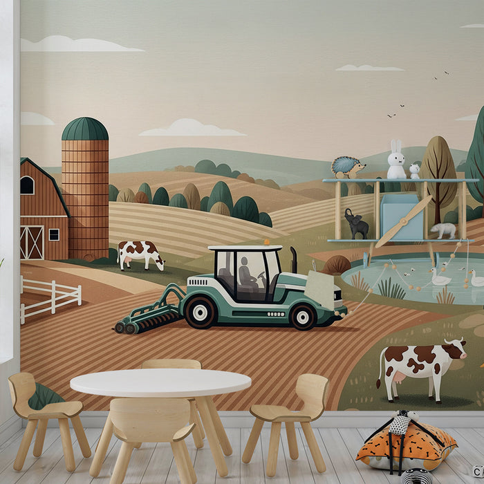Papel de parede para quarto infantil | Quinta animada com vacas e trator