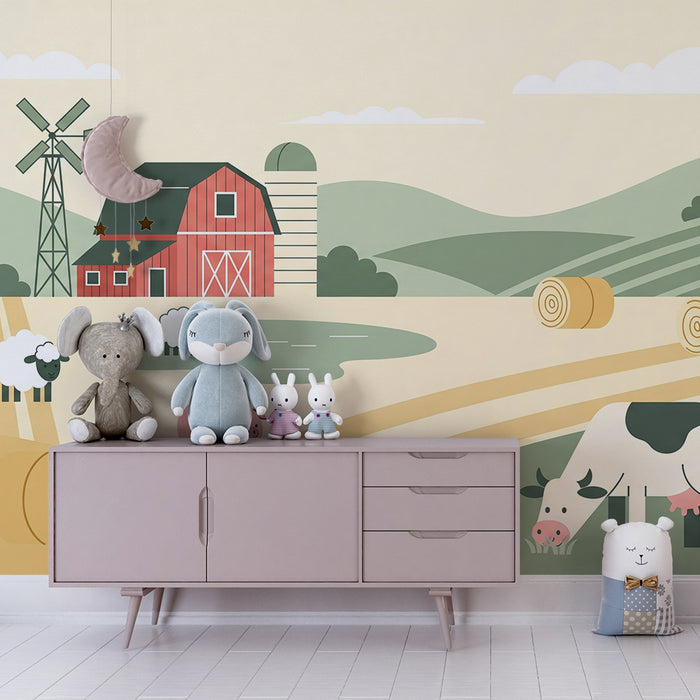 Kinderkamerbehang | Kleurrijke boerderij met dieren in een pastoraal decor