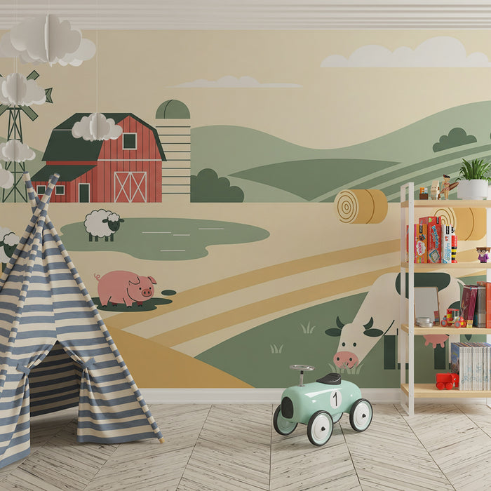 Kinderkamerbehang | Kleurrijke boerderij met dieren in een pastoraal decor