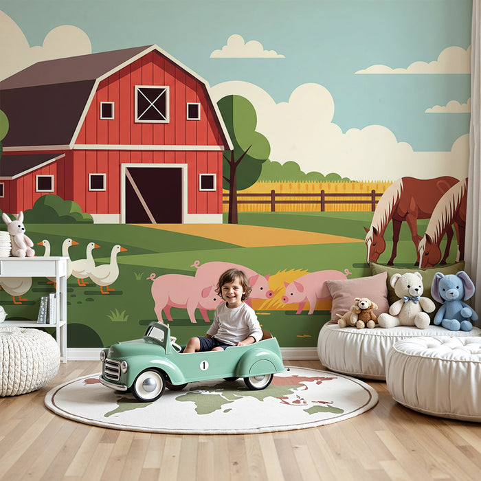 Children's bedroom wallpaper | Colorful farm with animals and red barn