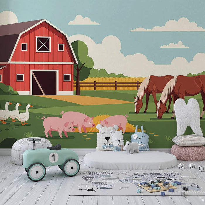Children's bedroom wallpaper | Colorful farm with animals and red barn