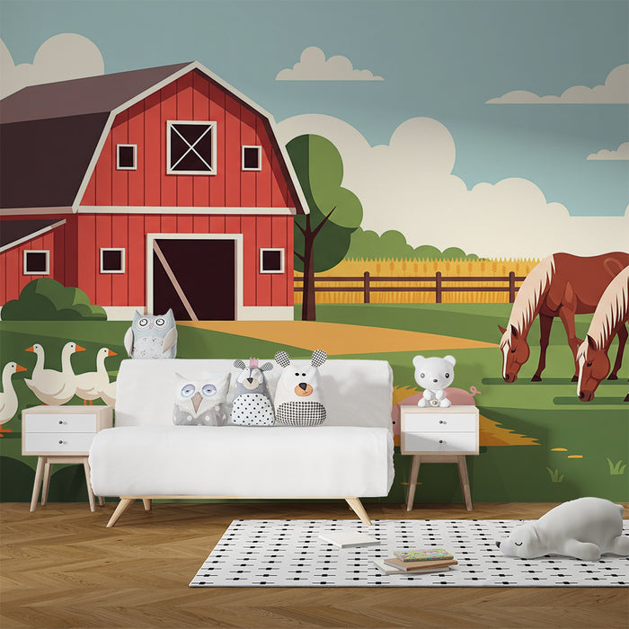 Children's bedroom wallpaper | Colorful farm with animals and red barn