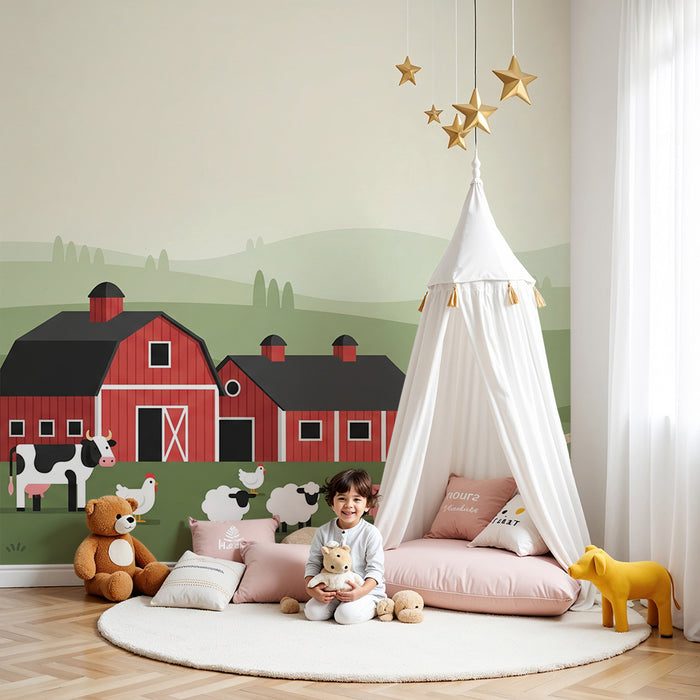 Kinderzimmer Tapete | Bunte Bauernhof-Tapete mit Tieren und friedlicher Landschaft