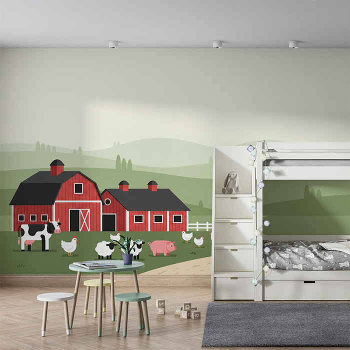 Kinderzimmer Tapete | Bunte Bauernhof-Tapete mit Tieren und friedlicher Landschaft
