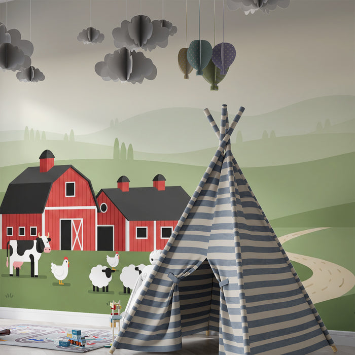 Kinderzimmer Tapete | Bunte Bauernhof-Tapete mit Tieren und friedlicher Landschaft
