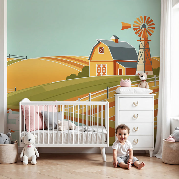 Papier peint chambre enfant | Ferme colorée avec canards et moulin à vent