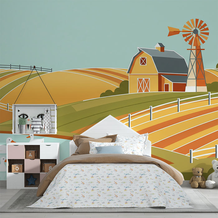 Papier peint chambre enfant | Ferme colorée avec canards et moulin à vent