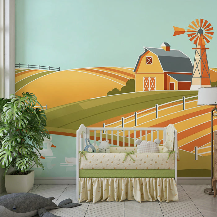 Papier peint chambre enfant | Ferme colorée avec canards et moulin à vent