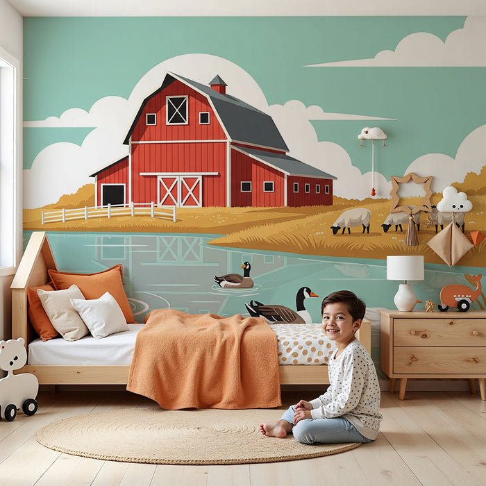 Papel pintado infantil | Granja colorida con patos y ovejas