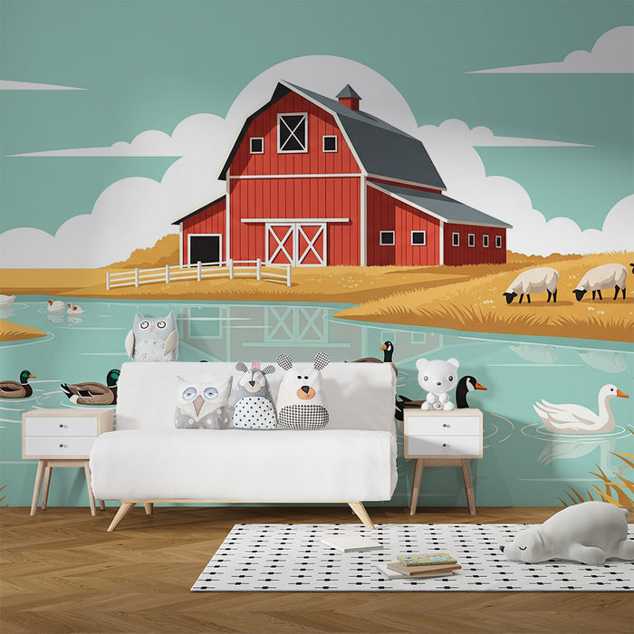 Papel pintado infantil | Granja colorida con patos y ovejas