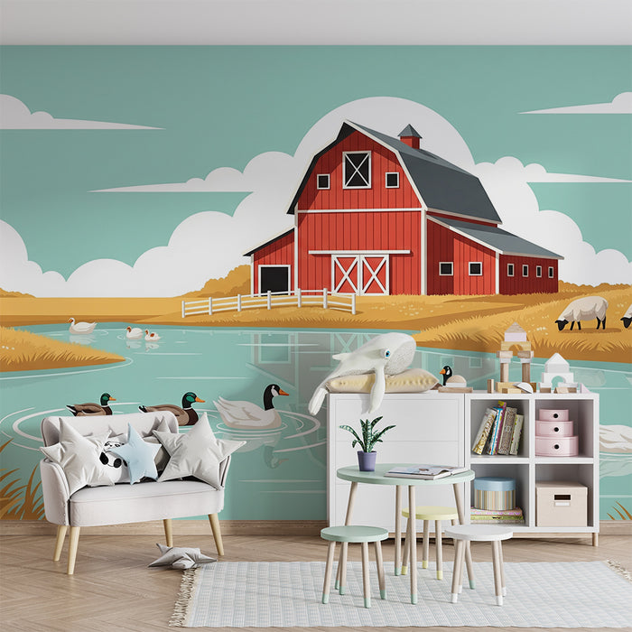 Papel pintado infantil | Granja colorida con patos y ovejas