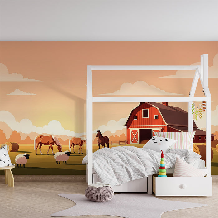 Gyerekszoba tapéta | Színes farm lovakkal és birkákkal