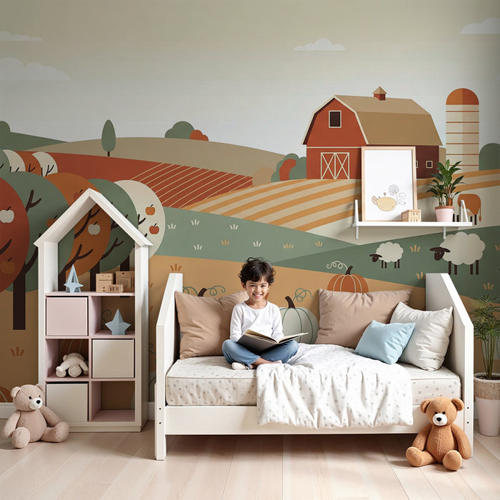 Behang kinderkamer | Kleurrijke boerderij met pompoenen en dieren