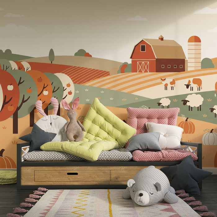 Behang kinderkamer | Kleurrijke boerderij met pompoenen en dieren