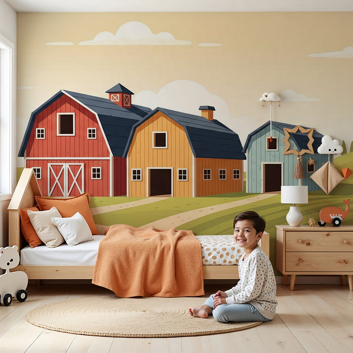 Papel pintado infantil | Granja colorida con graneros y molino de viento