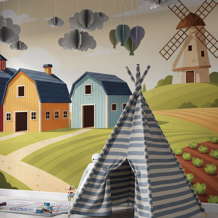 Papel pintado infantil | Granja colorida con graneros y molino de viento