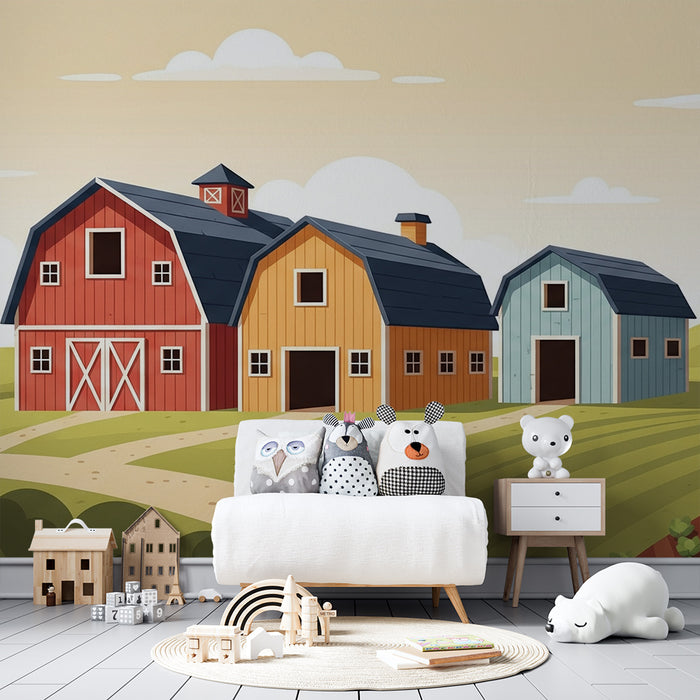 Papel pintado infantil | Granja colorida con graneros y molino de viento
