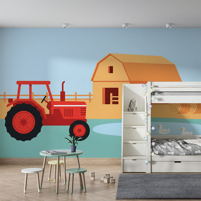 Papel pintado infantil | Granja colorida con tractor y patos