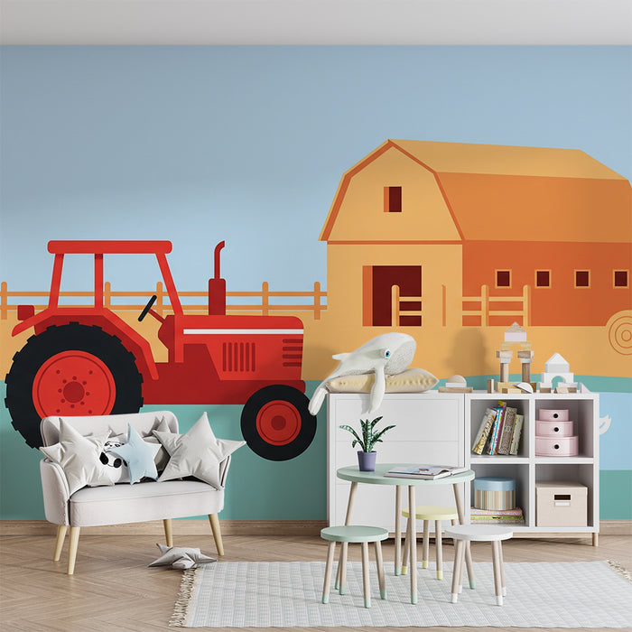 Papel pintado infantil | Granja colorida con tractor y patos