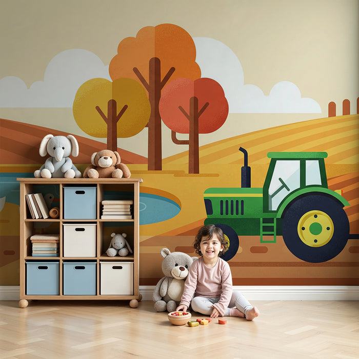 Kids room wallpaper | Colorful farm with tractor and ducks