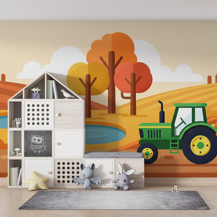 Kids room wallpaper | Colorful farm with tractor and ducks