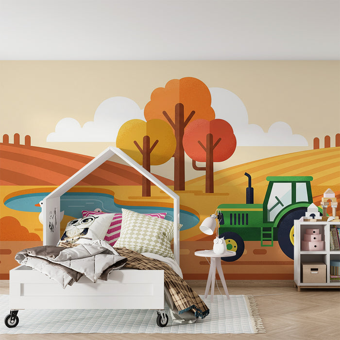 Kids room wallpaper | Colorful farm with tractor and ducks