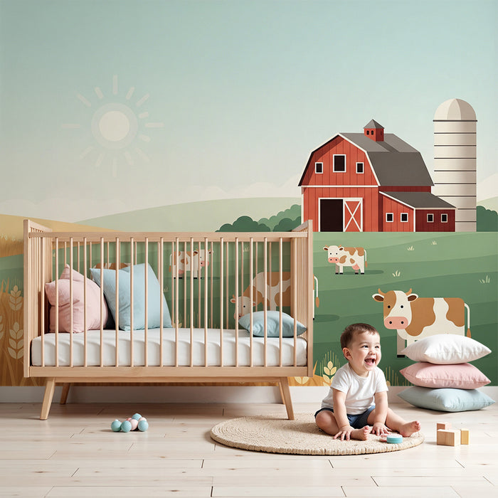 Children's bedroom wallpaper | Colorful farm with cows and golden fields