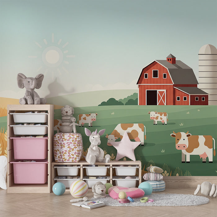 Children's bedroom wallpaper | Colorful farm with cows and golden fields