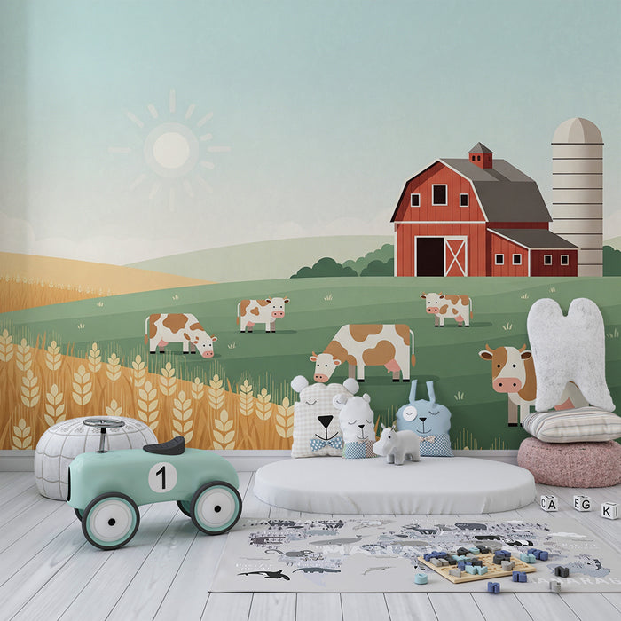 Children's bedroom wallpaper | Colorful farm with cows and golden fields